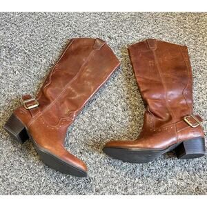 Harley Davidson Tall Brown Leather Riding Moto Western Boots Studs Buckle 6.5